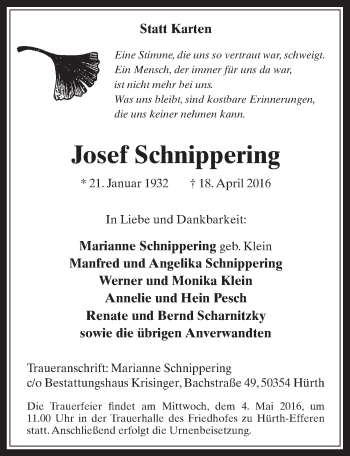 Anzeige von Josef Schnippering von  Wochenende 