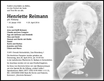Anzeige von Henriette Reimann von Kölner Stadt-Anzeiger / Kölnische Rundschau / Express