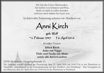 Anzeige von Auni Kirch von Kölner Stadt-Anzeiger / Kölnische Rundschau / Express