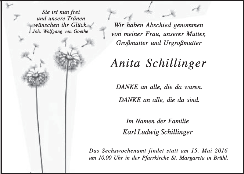  Traueranzeige für Anita Schillinger vom 27.04.2016 aus  Schlossbote/Werbekurier 