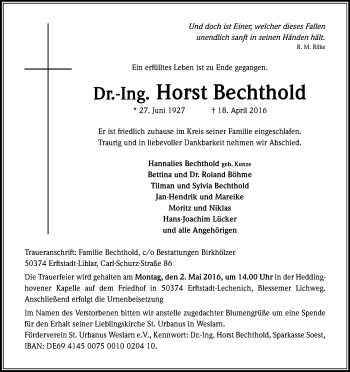Anzeige von Horst  Bechthold von Kölner Stadt-Anzeiger / Kölnische Rundschau / Express