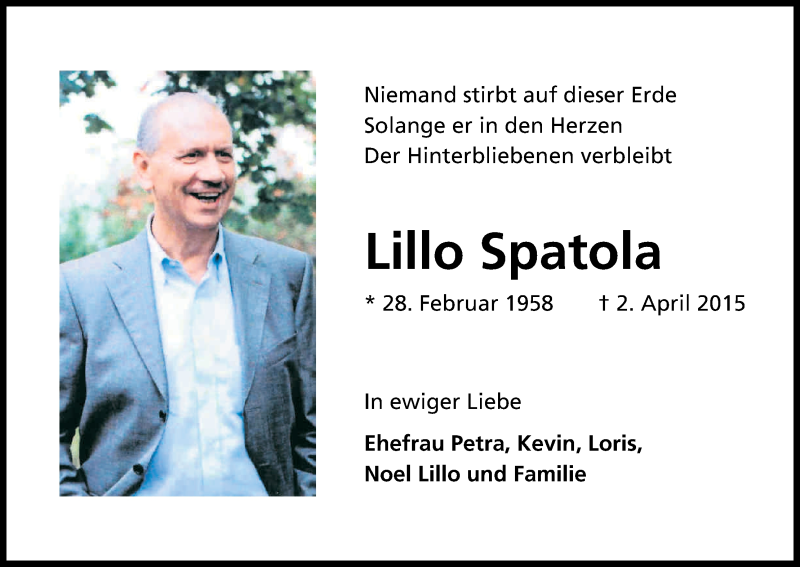  Traueranzeige für Lillo Spatola vom 02.04.2016 aus Kölner Stadt-Anzeiger / Kölnische Rundschau / Express