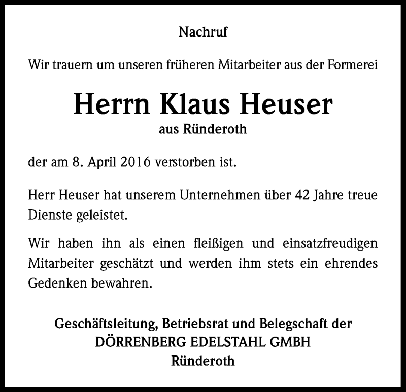  Traueranzeige für Klaus Heuser vom 19.04.2016 aus Kölner Stadt-Anzeiger / Kölnische Rundschau / Express
