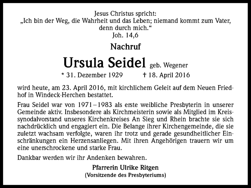  Traueranzeige für Ursula Seidel vom 23.04.2016 aus Kölner Stadt-Anzeiger / Kölnische Rundschau / Express
