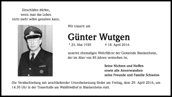 Anzeige von Günter Wutgen von Kölner Stadt-Anzeiger / Kölnische Rundschau / Express