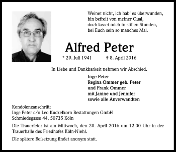 Anzeige von Alfred Peter von Kölner Stadt-Anzeiger / Kölnische Rundschau / Express