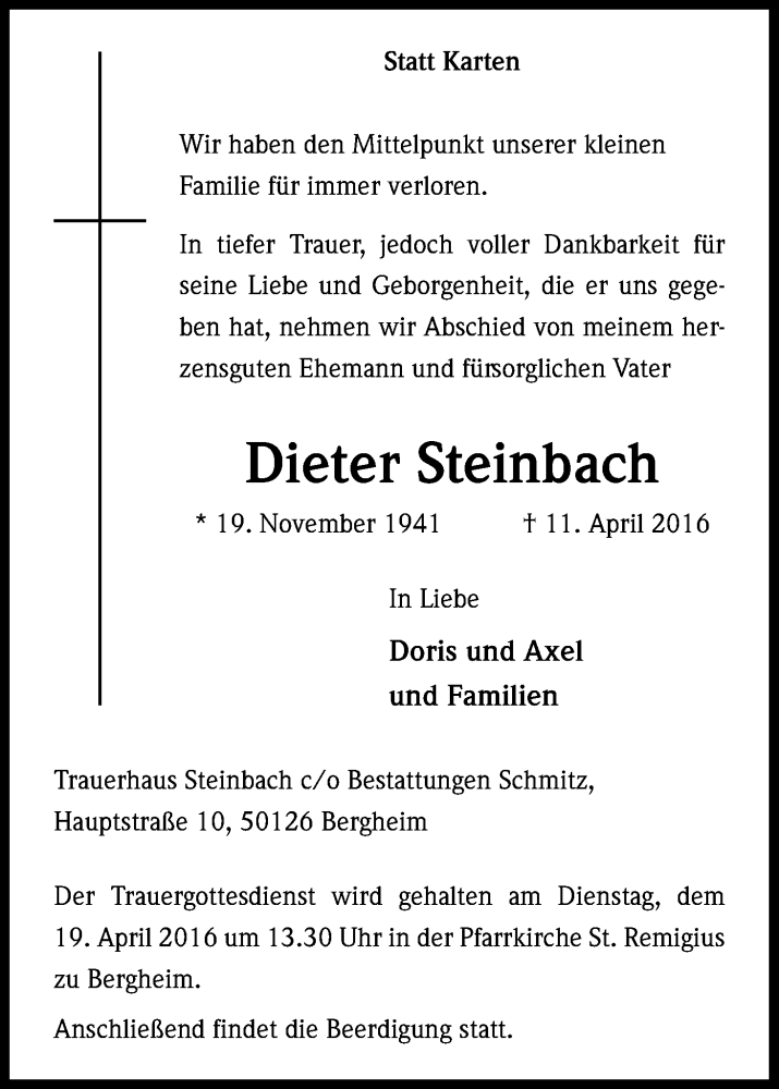  Traueranzeige für Dieter Steinbach vom 16.04.2016 aus Kölner Stadt-Anzeiger / Kölnische Rundschau / Express