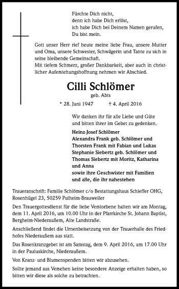 Anzeige von Cilli Schlömer von Kölner Stadt-Anzeiger / Kölnische Rundschau / Express