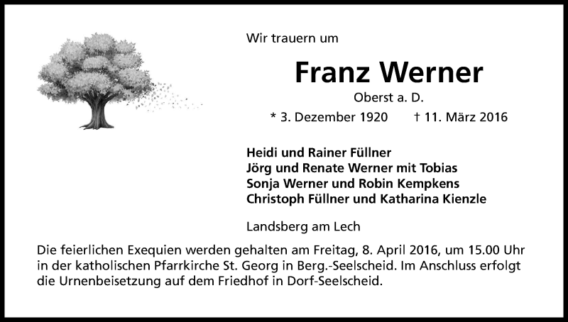  Traueranzeige für Franz Werner vom 02.04.2016 aus Kölner Stadt-Anzeiger / Kölnische Rundschau / Express