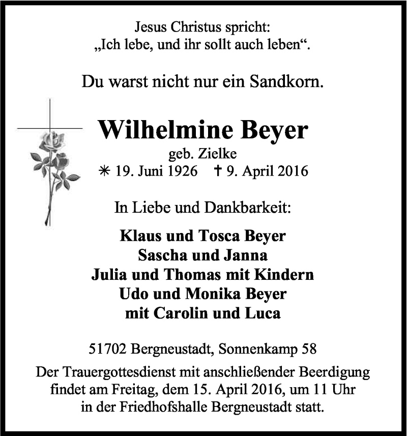  Traueranzeige für Wilhelmine Beyer vom 12.04.2016 aus Kölner Stadt-Anzeiger / Kölnische Rundschau / Express