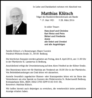 Anzeige von Matthias Klütsch von Kölner Stadt-Anzeiger / Kölnische Rundschau / Express