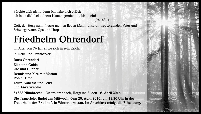  Traueranzeige für Friedhelm Ohrendorf vom 19.04.2016 aus Kölner Stadt-Anzeiger / Kölnische Rundschau / Express