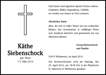 Anzeige von Käthe Siebenschock von Kölner Stadt-Anzeiger / Kölnische Rundschau / Express