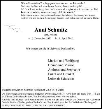 Anzeige von Anni Schmitz von Kölner Stadt-Anzeiger / Kölnische Rundschau / Express