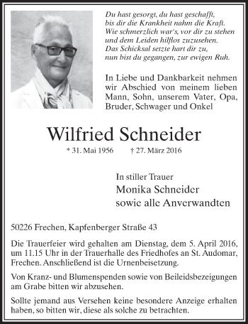 Anzeige von Wilfried Schneider von  Sonntags-Post 