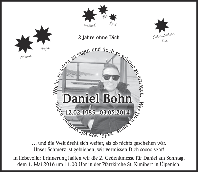  Traueranzeige für Daniel Bohn vom 23.04.2016 aus  Blickpunkt Euskirchen 