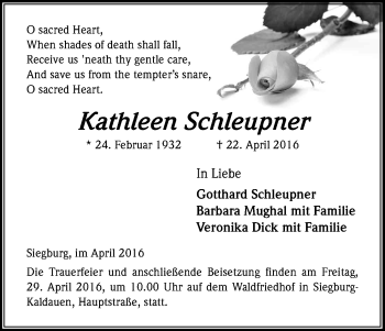 Anzeige von Kathleen Schleupner von Kölner Stadt-Anzeiger / Kölnische Rundschau / Express