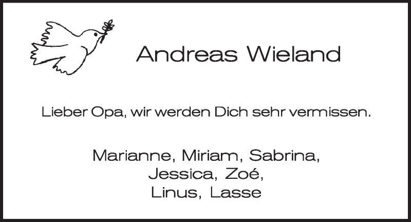  Traueranzeige für Andreas Wieland vom 06.04.2016 aus  Schlossbote/Werbekurier 