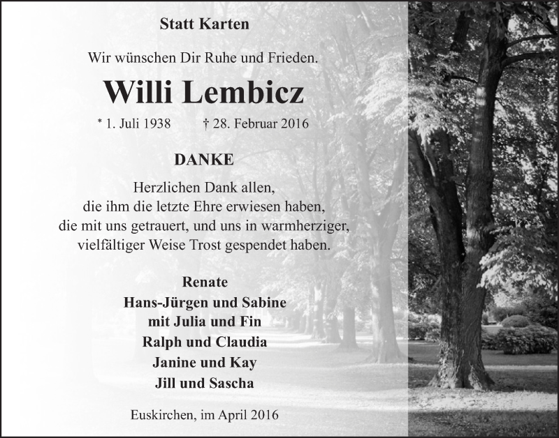  Traueranzeige für Willi Lembicz vom 30.04.2016 aus  Blickpunkt Euskirchen 