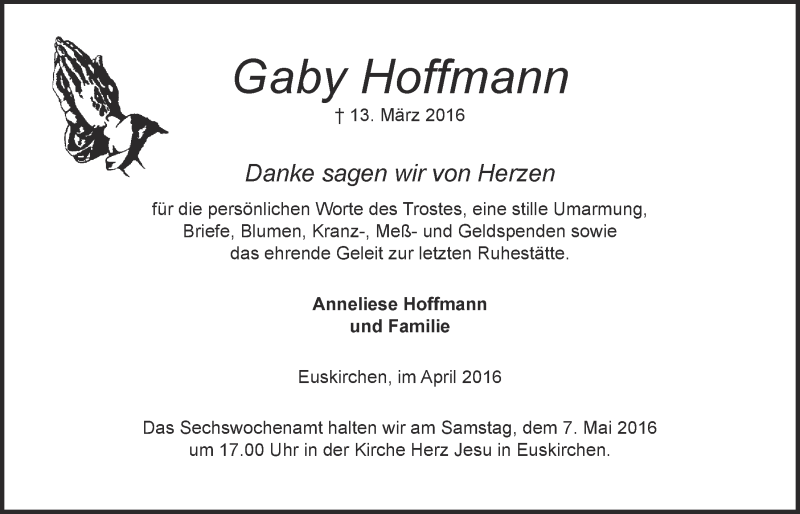  Traueranzeige für Gaby Hoffmann vom 30.04.2016 aus  Blickpunkt Euskirchen 
