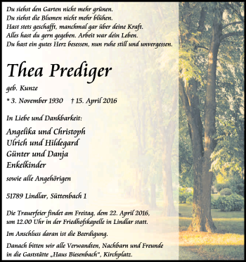 Anzeige von Thea Prediger von Kölner Stadt-Anzeiger / Kölnische Rundschau / Express