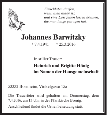 Anzeige von Johannes Barwitzky von  Schaufenster/Blickpunkt 