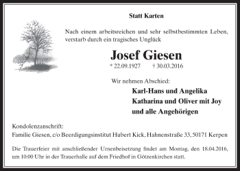 Anzeige von Josef Giesen von  Werbepost 