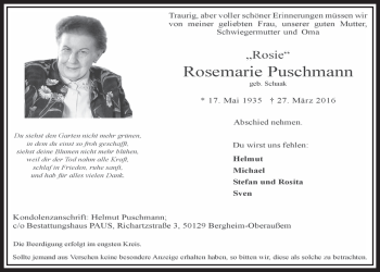 Anzeige von Rosemarie Puschmann von  Sonntags-Post 