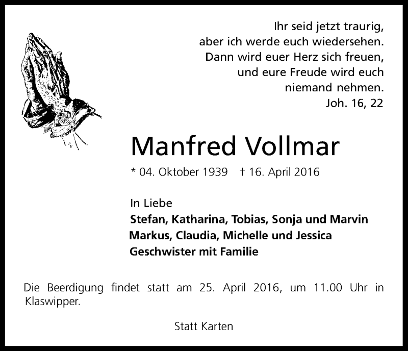  Traueranzeige für Manfred Vollmar vom 21.04.2016 aus Kölner Stadt-Anzeiger / Kölnische Rundschau / Express