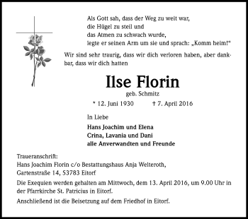 Anzeige von Ilse Florin von Kölner Stadt-Anzeiger / Kölnische Rundschau / Express