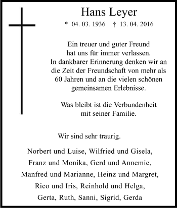 Anzeige von Hans Leyer von Kölner Stadt-Anzeiger / Kölnische Rundschau / Express