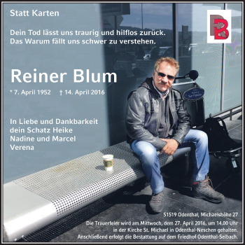 Anzeige von Reiner Blum von  Bergisches Handelsblatt 