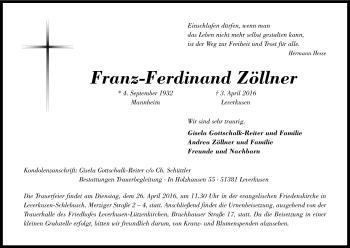 Anzeige von Franz-Ferdinand Zöllner von Kölner Stadt-Anzeiger / Kölnische Rundschau / Express