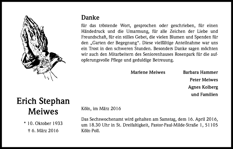  Traueranzeige für Erich Stephan Meiwes vom 02.04.2016 aus Kölner Stadt-Anzeiger / Kölnische Rundschau / Express
