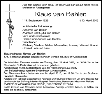 Anzeige von Klaus van Bahlen von Kölner Stadt-Anzeiger / Kölnische Rundschau / Express