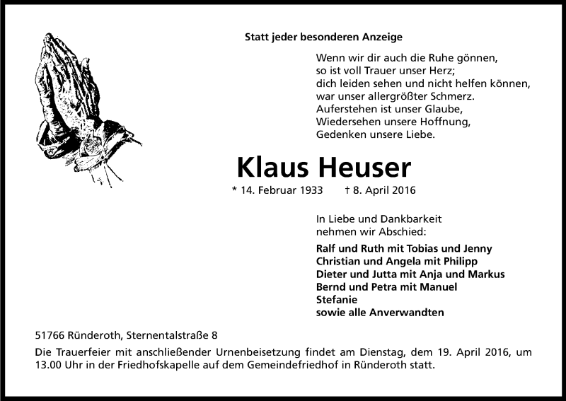  Traueranzeige für Klaus Heuser vom 15.04.2016 aus Kölner Stadt-Anzeiger / Kölnische Rundschau / Express