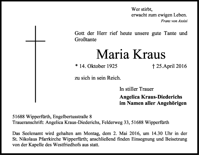 Traueranzeige für Maria Kraus vom 27.04.2016 aus Kölner Stadt-Anzeiger / Kölnische Rundschau / Express