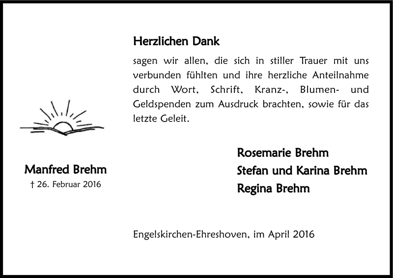  Traueranzeige für Manfred Brehm vom 09.04.2016 aus Kölner Stadt-Anzeiger / Kölnische Rundschau / Express