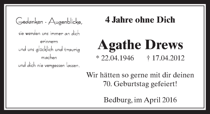  Traueranzeige für Agathe Drews vom 13.04.2016 aus  Werbepost 