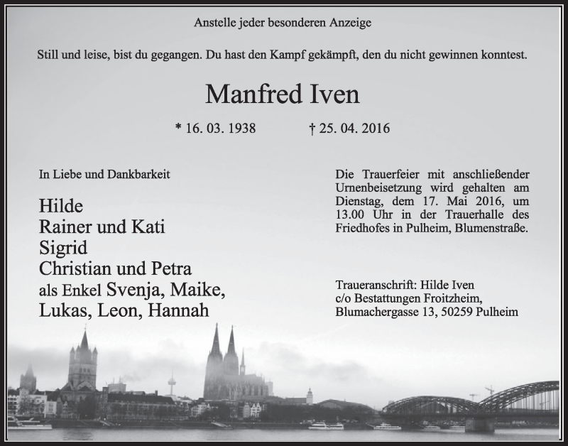  Traueranzeige für Manfred Iven vom 30.04.2016 aus  Sonntags-Post 