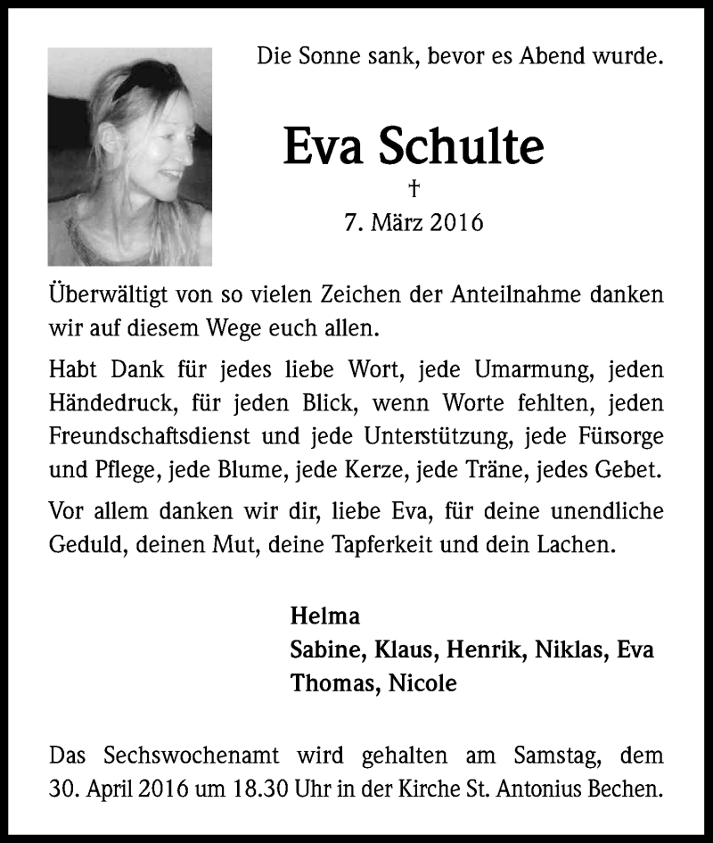 Traueranzeige für Eva Schulte vom 09.04.2016 aus Kölner Stadt-Anzeiger / Kölnische Rundschau / Express