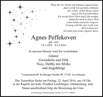 Anzeige von Agnes Peffekoven von Kölner Stadt-Anzeiger / Kölnische Rundschau / Express