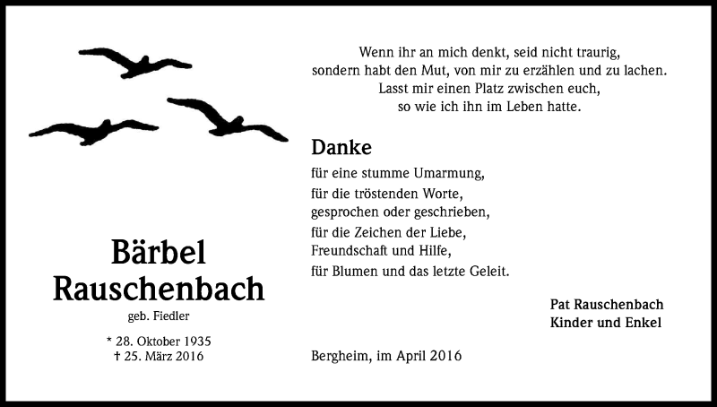  Traueranzeige für Bärbel Rauschenbach vom 23.04.2016 aus Kölner Stadt-Anzeiger / Kölnische Rundschau / Express
