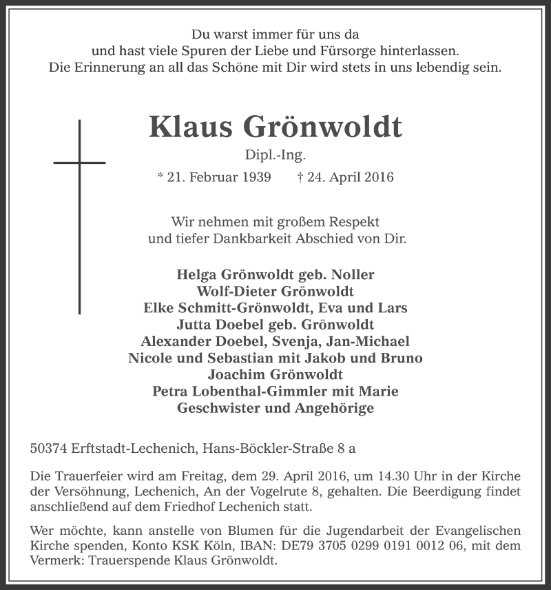  Traueranzeige für Klaus Grönwoldt vom 27.04.2016 aus  Werbepost 