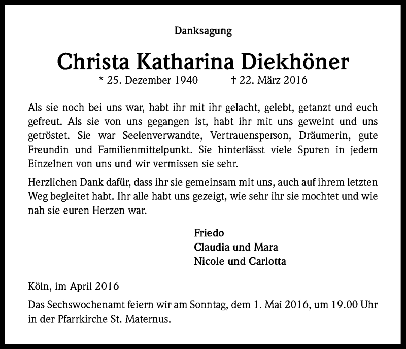  Traueranzeige für Christa Katharina Diekhöner vom 23.04.2016 aus Kölner Stadt-Anzeiger / Kölnische Rundschau / Express