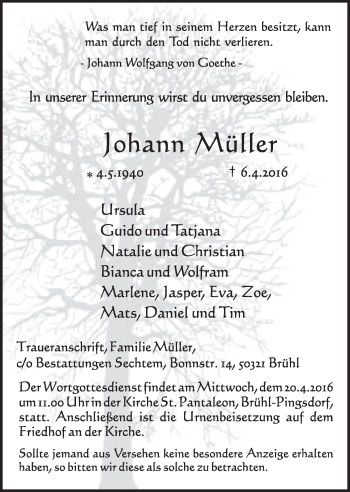 Anzeige von Johann Müller von  Schlossbote/Werbekurier 