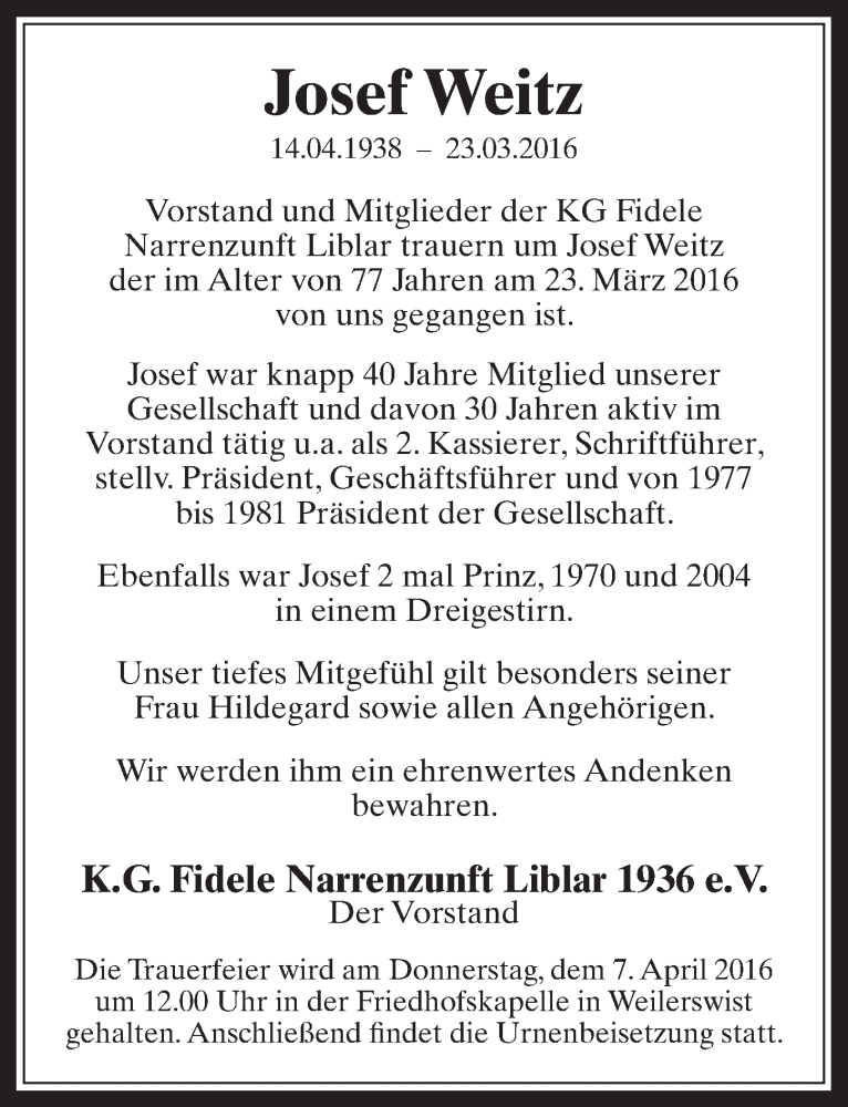  Traueranzeige für Josef Weitz vom 06.04.2016 aus  Werbepost 