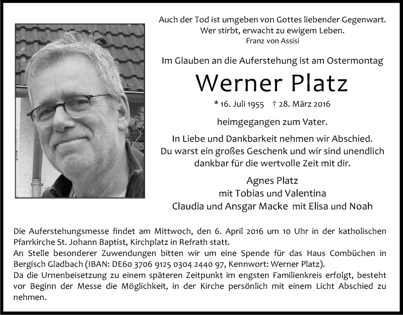  Traueranzeige für Werner Platz vom 02.04.2016 aus Kölner Stadt-Anzeiger / Kölnische Rundschau / Express