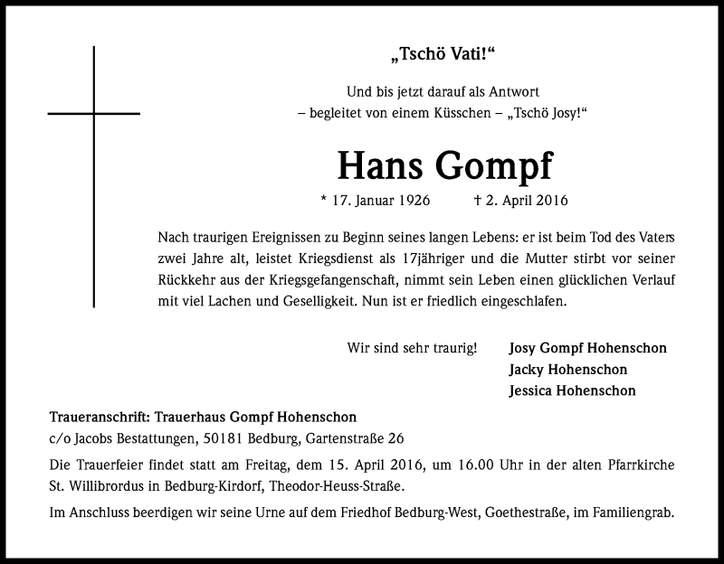  Traueranzeige für Hans Gompf vom 09.04.2016 aus Kölner Stadt-Anzeiger / Kölnische Rundschau / Express
