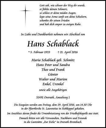 Anzeige von Hans Schabtack von Kölner Stadt-Anzeiger / Kölnische Rundschau / Express
